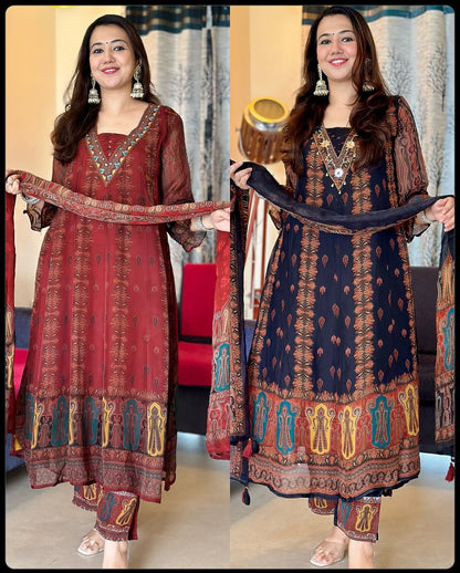 Beautiful pure premium chiffon digital printed Anarkali set with handwork on neck it has attached lining paired up with santoon slik pant and Organza digital printed dupatta sets(WARED19)