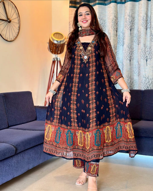 Beautiful pure premium chiffon digital printed Anarkali set with handwork on neck it has attached lining paired up with santoon slik pant and Organza digital printed dupatta sets(WARED374)