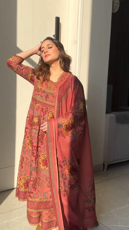 Premium cotton Anarkali suit set with hand work detailing on yoke paired with matching pant and full dupatta.(WARED43)