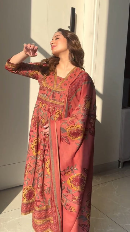 Premium cotton Anarkali suit set with hand work detailing on yoke paired with matching pant and full dupatta.(WARED43)