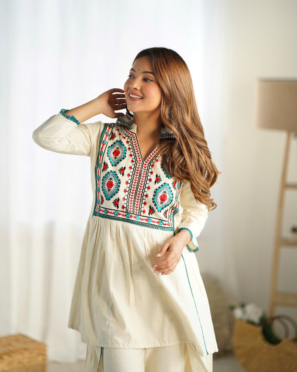 Designer Embroidered Cotton Flex Kurta paired with Freestyle Pants or Palazzo(SWCD27)