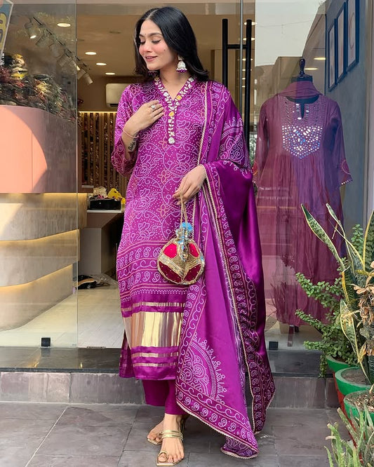 Beautiful Heavy quality Chinon Silk Fabric designer festive wear kurti pant and duppta (SWRED15)
