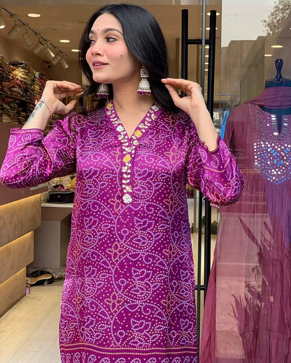 Beautiful Heavy quality Chinon Silk Fabric designer festive wear kurti pant and duppta (SWRED15)