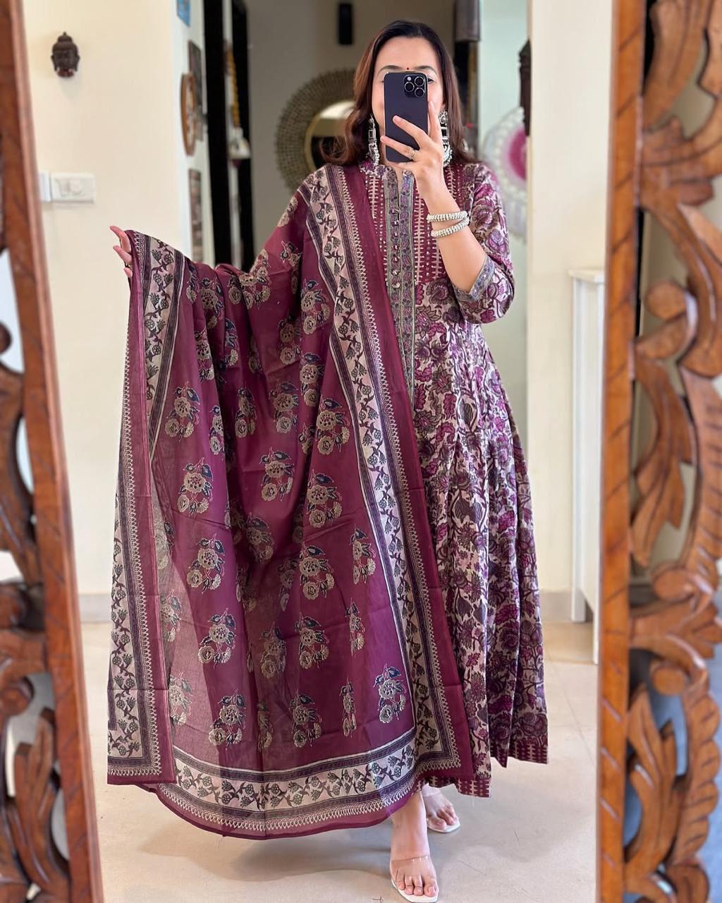 ♥️♥️ NEW FULL COTTON PRINT HAND WORK ANARKALI KURTI PANT DUPATTA 😍💖(WARED11)