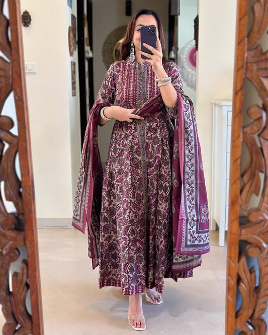 ♥️♥️ NEW FULL COTTON PRINT HAND WORK ANARKALI KURTI PANT DUPATTA 😍💖(WARED11)