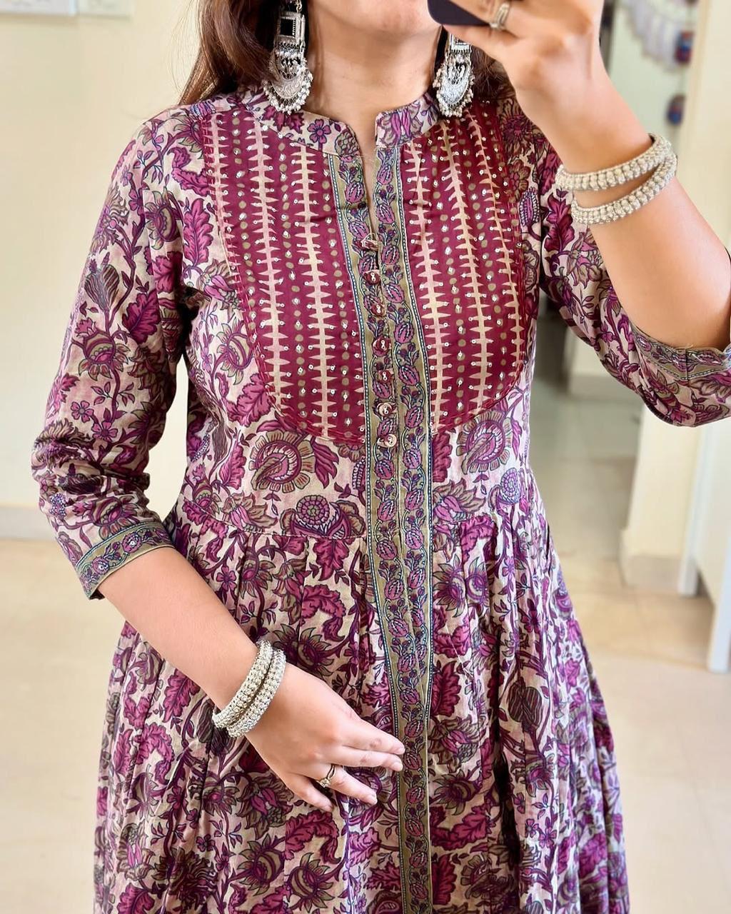 ♥️♥️ NEW FULL COTTON PRINT HAND WORK ANARKALI KURTI PANT DUPATTA 😍💖(WARED11)