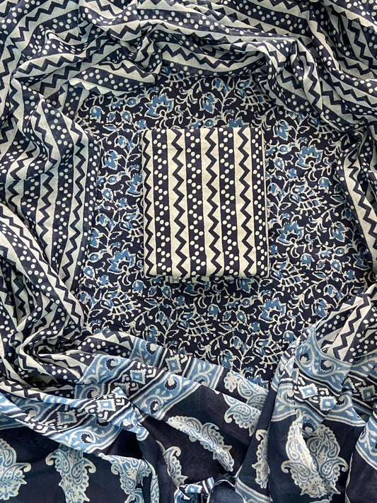 EXCLUSIVE HAND BLOCK PRINT COTTON SUIT SET WITH MULMUL DUPATTA