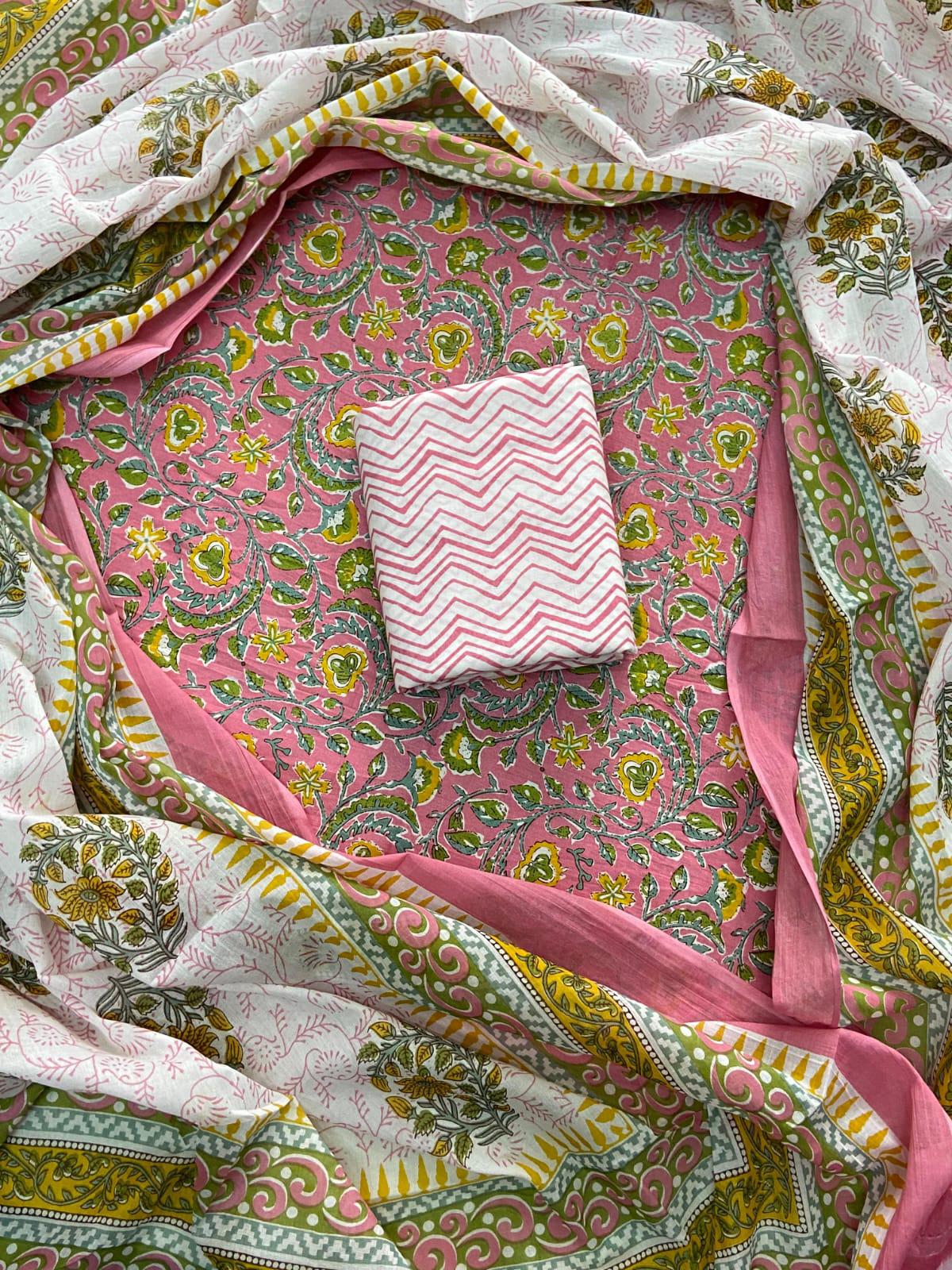 New Hand block printed cotton suit with cotton dupatta