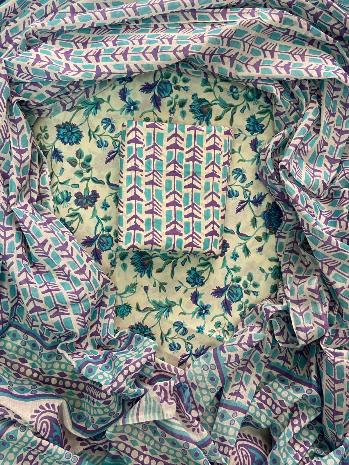New Hand block printed cotton suit with cotton dupatta