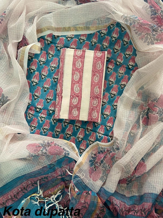DESIGNER HAND BLOCK PRINT COTTON SUIT SET WITH KOTA DORIA DUPATTA