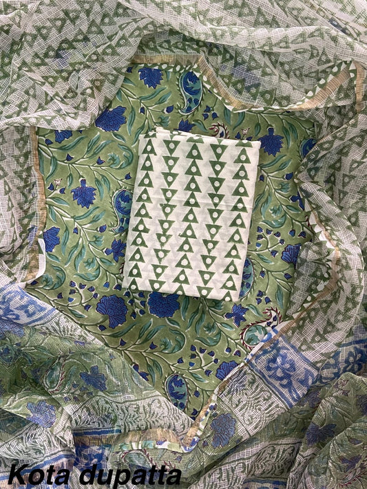 Premium Hand Block Print Cotton Suit Set with Kota Doria Dupatta