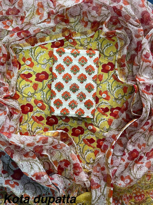 Premium Hand Block Print Cotton Suit Set with Kota Doria Dupatta