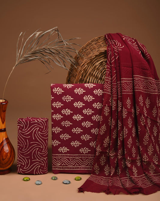 JAAL HAND BLOCK PRINT COTTON SUIT SET WITH CHIFFON DUPATTA(SWCFCOTMU39)