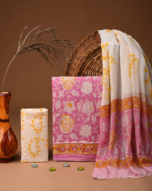 JAAL HAND BLOCK PRINT COTTON SUIT SET WITH CHIFFON DUPATTA(SWCFCOTMU37)