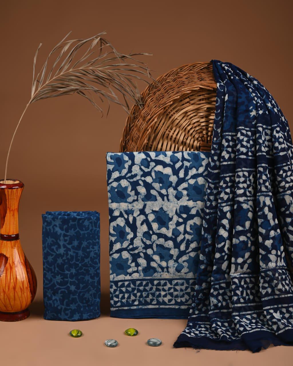 JAAL HAND BLOCK PRINT COTTON SUIT SET WITH CHIFFON DUPATTA(SWCFCOTMU38)