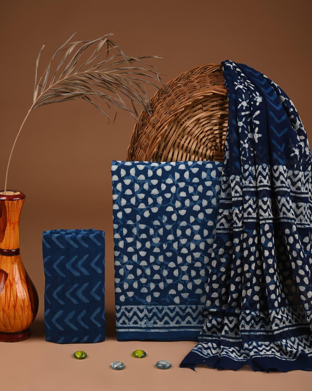 JAAL HAND BLOCK PRINT COTTON SUIT SET WITH CHIFFON DUPATTA(SWCFCOTMU34)