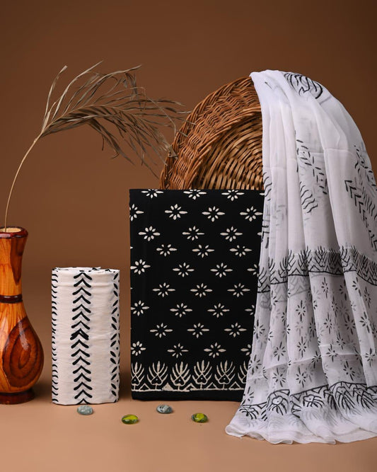JAAL HAND BLOCK PRINT COTTON SUIT SET WITH CHIFFON DUPATTA(SWCFCOTMU29)