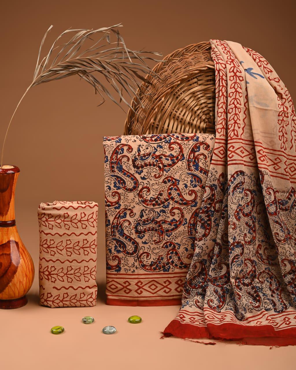 JAAL HAND BLOCK PRINT COTTON SUIT SET WITH CHIFFON DUPATTA(SWCFCOTMU31)