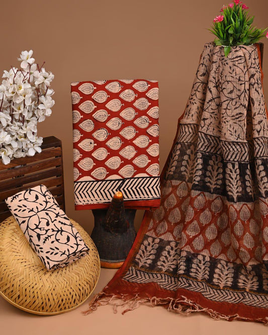 DESIGNER HAND BLOCK PRINT COTTON SUIT SET WITH KOTA DORIA DUPATTA