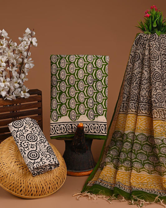 DESIGNER HAND BLOCK PRINT COTTON SUIT SET WITH KOTA DORIA DUPATTA