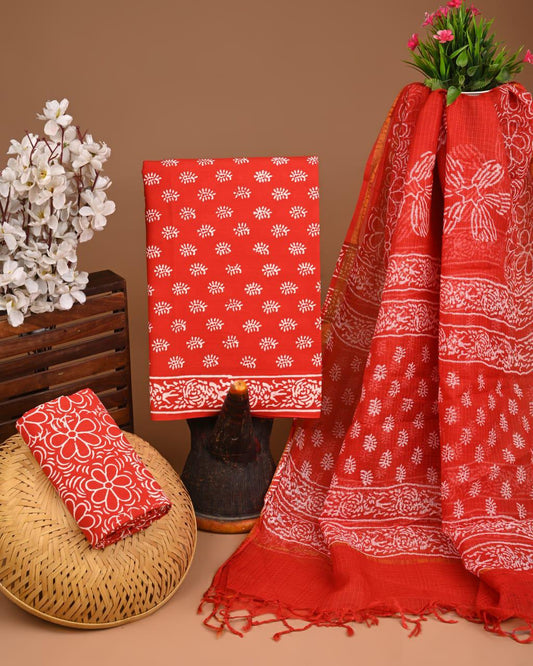 DESIGNER HAND BLOCK PRINT COTTON SUIT SET WITH KOTA DORIA DUPATTA