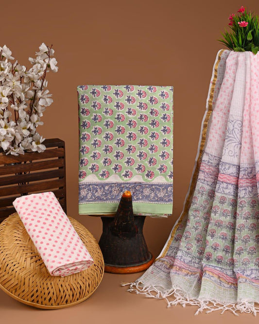 DESIGNER HAND BLOCK PRINT COTTON SUIT SET WITH KOTA DORIA DUPATTA