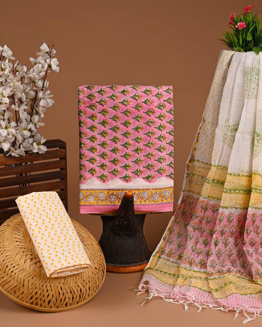 DESIGNER HAND BLOCK PRINT COTTON SUIT SET WITH KOTA DORIA DUPATTA