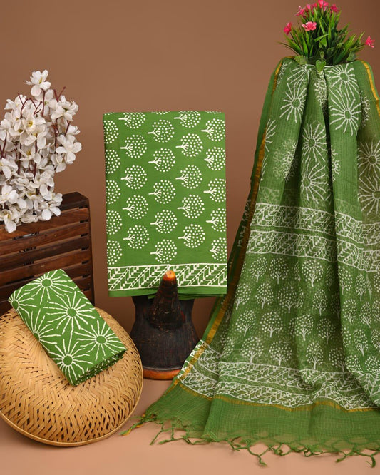 DESIGNER HAND BLOCK PRINT COTTON SUIT SET WITH KOTA DORIA DUPATTA
