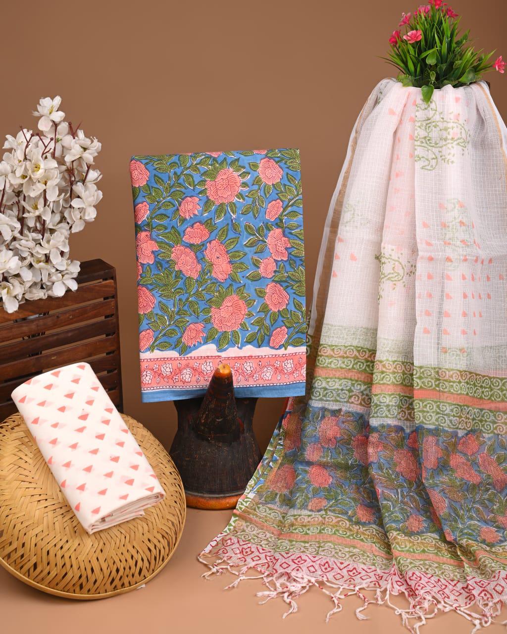 New Hand Block Print Cotton Suit Set with Kota Doria Dupatta