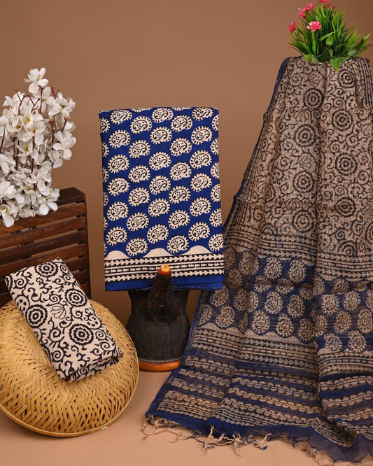 Hand Block Print Cotton Suit Set with Kota Doria Dupatta