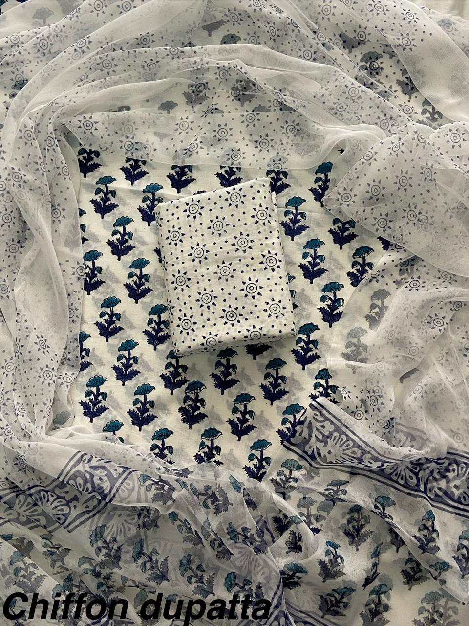 JAAL HAND BLOCK PRINT COTTON SUIT SET WITH CHIFFON DUPATTA