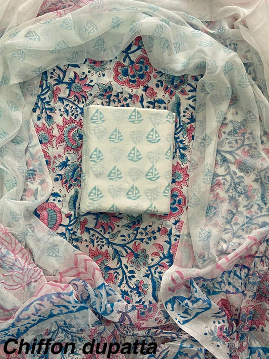 JAAL HAND BLOCK PRINT COTTON SUIT SET WITH CHIFFON DUPATTA