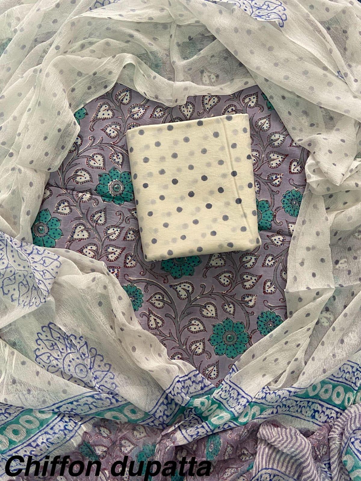 JAAL HAND BLOCK PRINT COTTON SUIT SET WITH CHIFFON DUPATTA