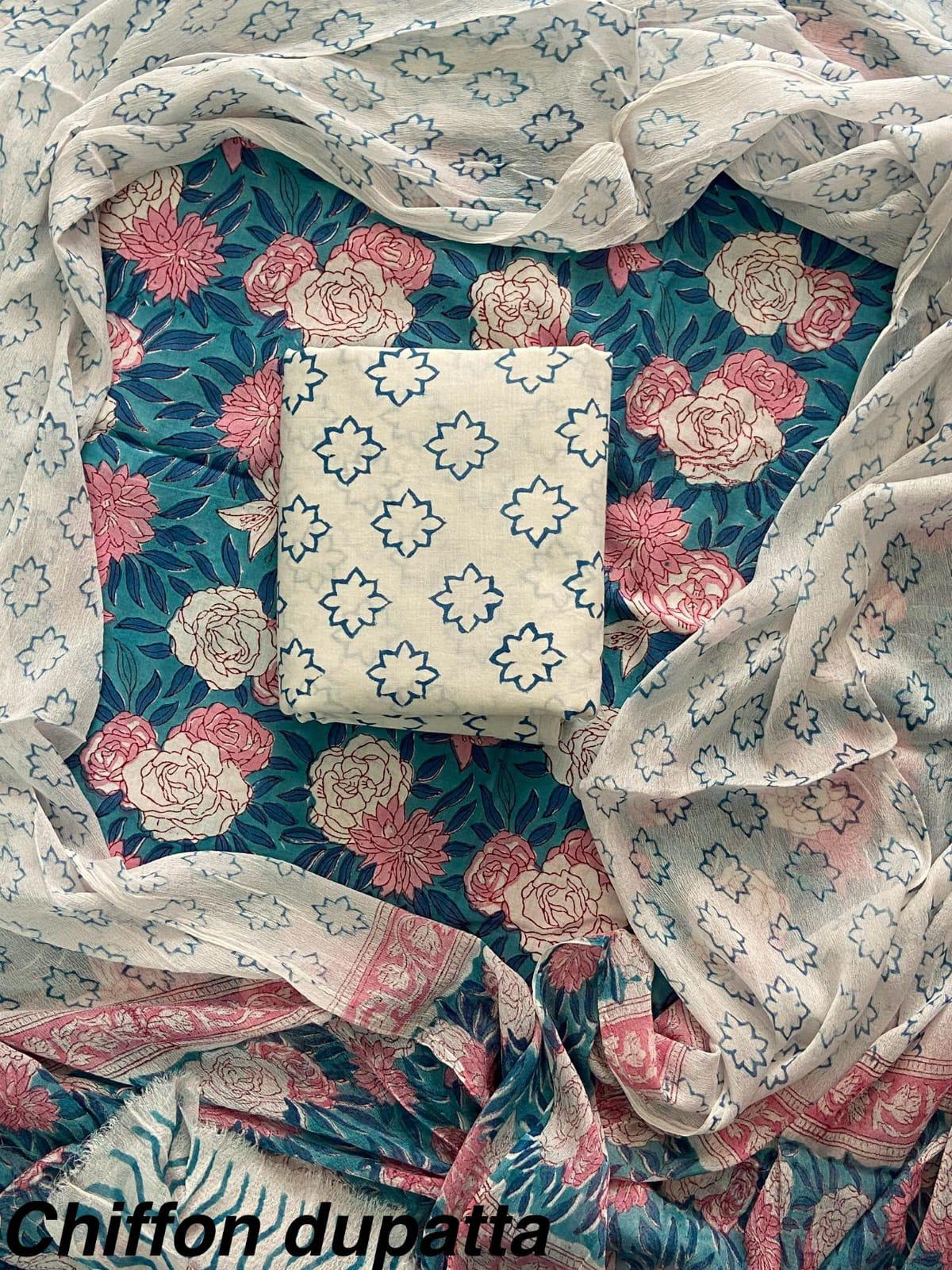 JAAL HAND BLOCK PRINT COTTON SUIT SET WITH CHIFFON DUPATTA
