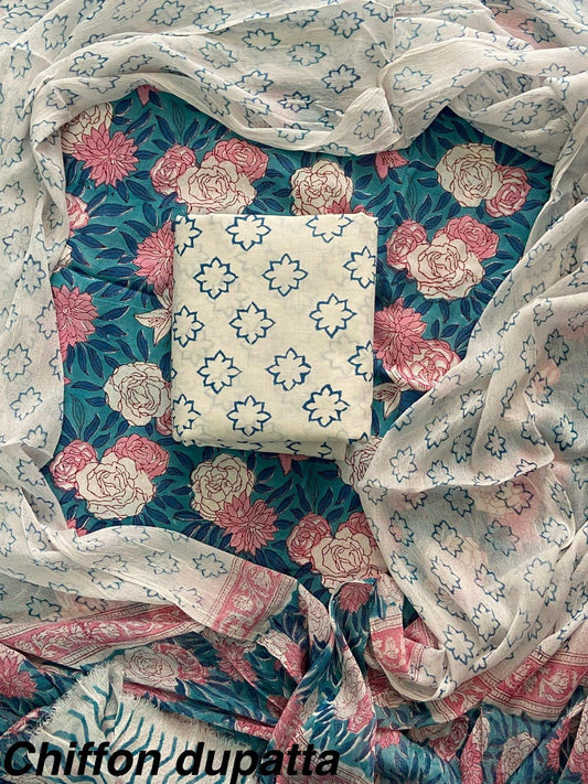 JAAL HAND BLOCK PRINT COTTON SUIT SET WITH CHIFFON DUPATTA
