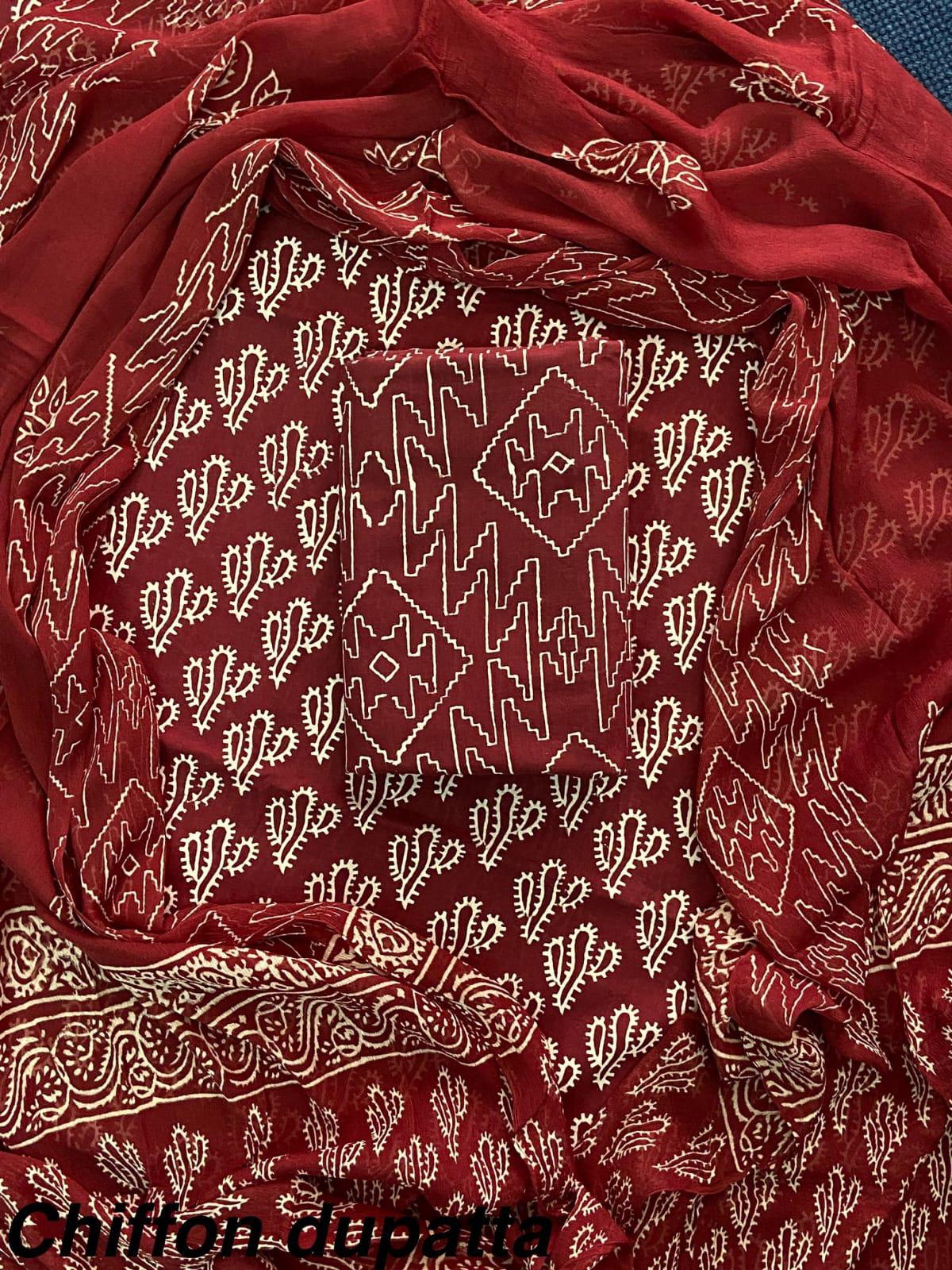 JAAL HAND BLOCK PRINT COTTON SUIT SET WITH CHIFFON DUPATTA