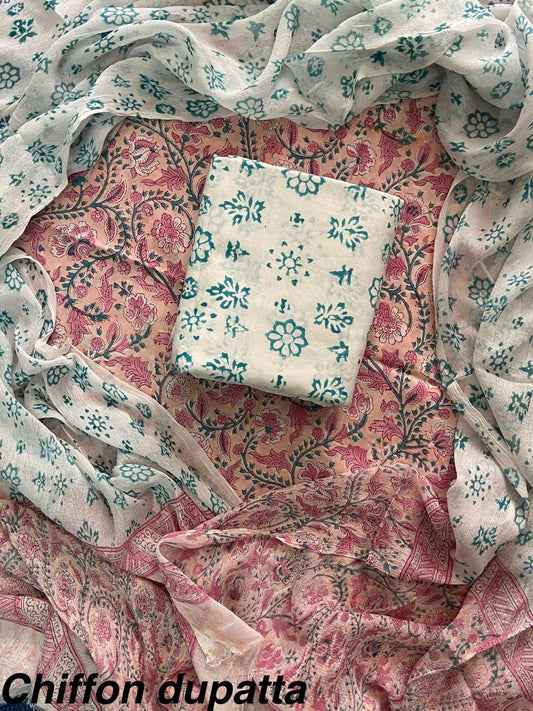 JAAL HAND BLOCK PRINT COTTON SUIT SET WITH CHIFFON DUPATTA