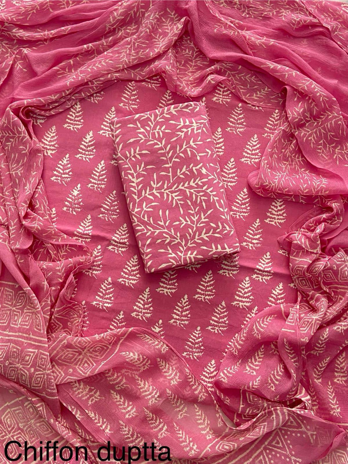 JAAL HAND BLOCK PRINT COTTON SUIT SET WITH CHIFFON DUPATTA