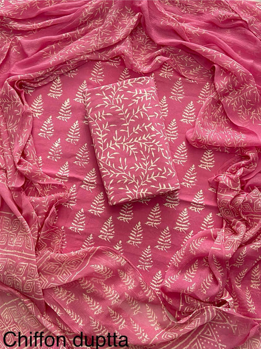 JAAL HAND BLOCK PRINT COTTON SUIT SET WITH CHIFFON DUPATTA