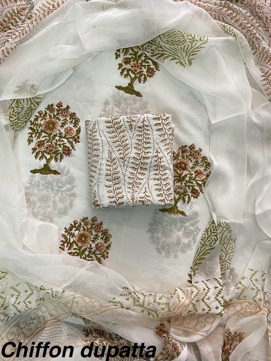 JAAL HAND BLOCK PRINT COTTON SUIT SET WITH CHIFFON DUPATTA