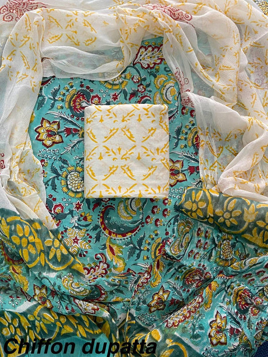 JAAL HAND BLOCK PRINT COTTON SUIT SET WITH CHIFFON DUPATTA