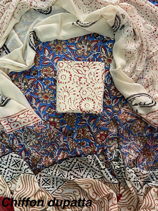 JAAL HAND BLOCK PRINT COTTON SUIT SET WITH CHIFFON DUPATTA