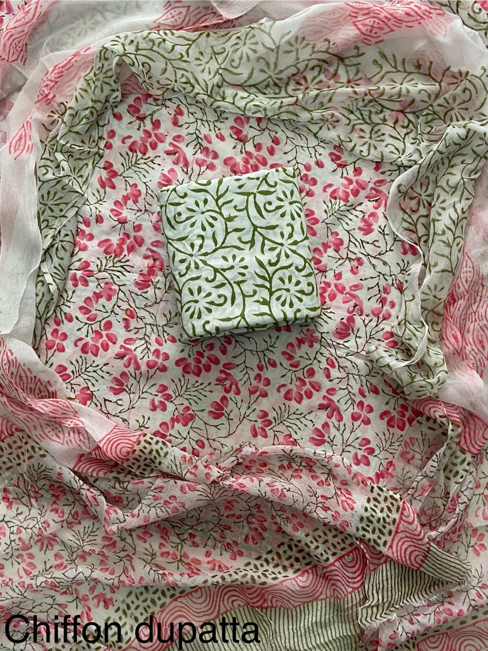 JAAL HAND BLOCK PRINT COTTON SUIT SET WITH CHIFFON DUPATTA