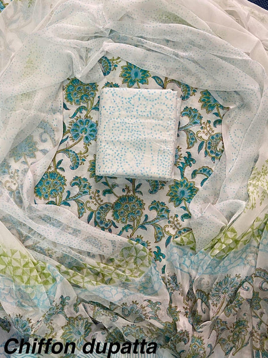 JAAL HAND BLOCK PRINT COTTON SUIT SET WITH CHIFFON DUPATTA