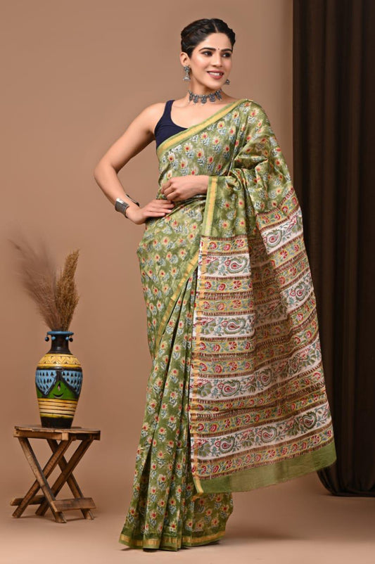 Premium Hand Block Printed Chanderi Silk Saree