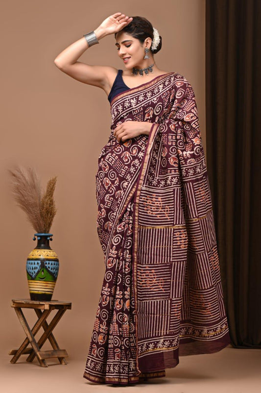 Premium Hand Block Printed Chanderi Silk Saree