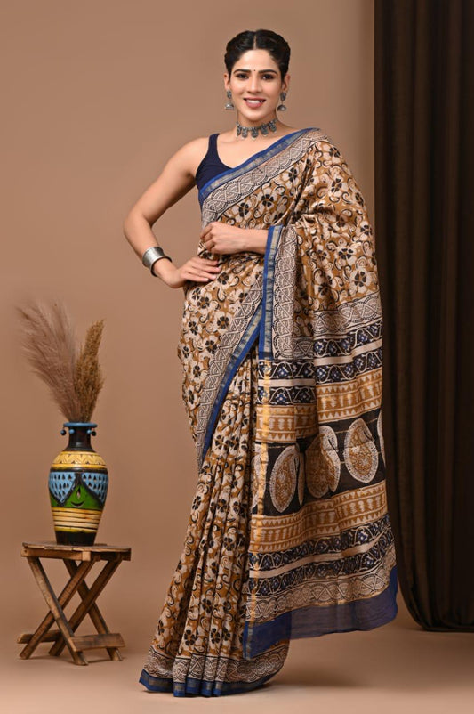 Premium Hand Block Printed Chanderi Silk Saree