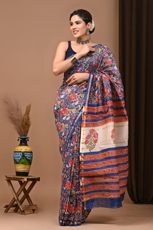 Premium Hand Block Printed Chanderi Silk Saree