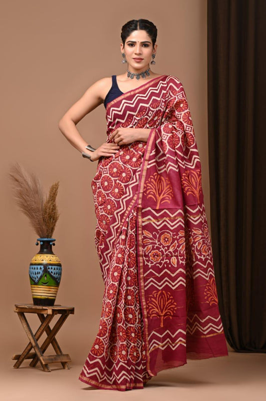 Premium Hand Block Printed Chanderi Silk Saree