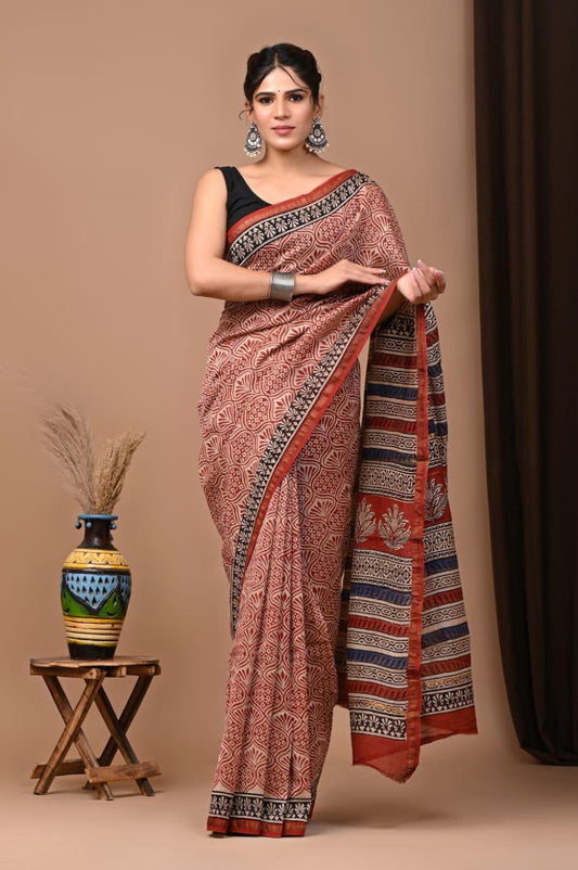 Premium Hand Block Printed Chanderi Silk Saree